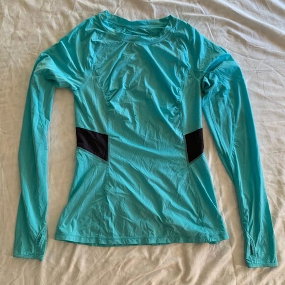 Lululemon Teal Blue & Black Long Sleeverunning Shirt Workout Gym Top - Picture 1 of 3